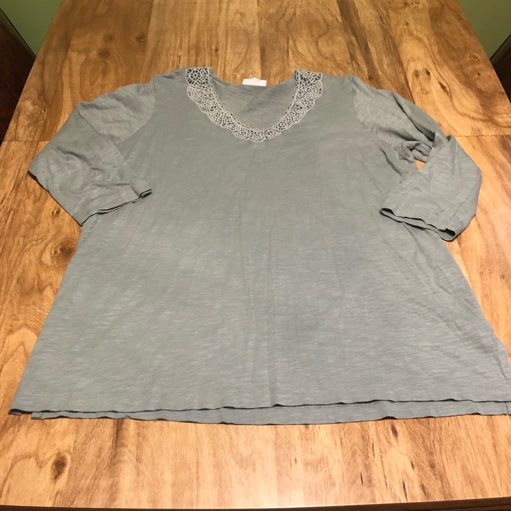 5/$25 J Jill Green Grey Taupe Lace V-Neck Tee Short Sleeve Top Womens Size Large